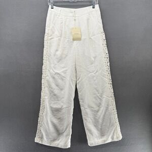 Bohme Crochet Side Pants Womens White Wide Leg Lace Side Trim Trousers Small NEW
